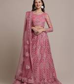 Pink & Silver-Toned Embroidered Thread Work Semi-Stitched Lehenga & Unstitched Blouse With