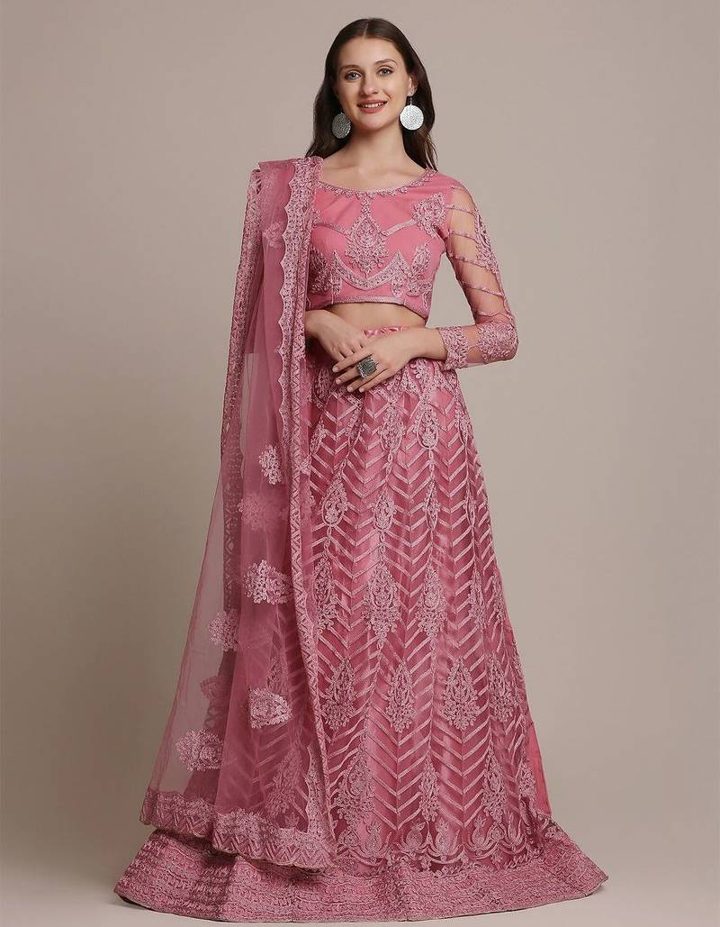 Pink & Silver-Toned Embroidered Thread Work Semi-Stitched Lehenga & Unstitched Blouse With