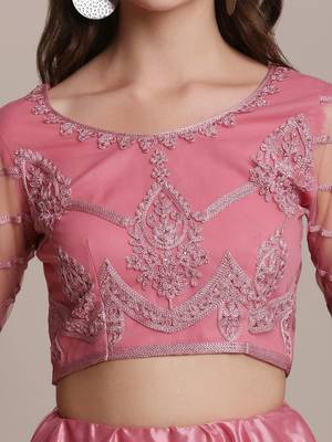 Pink & Silver-Toned Embroidered Thread Work Semi-Stitched Lehenga & Unstitched Blouse With 2