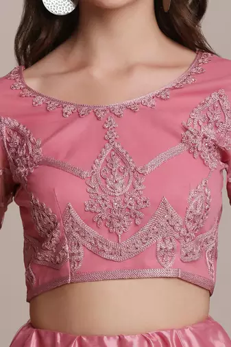 Pink & Silver-Toned Embroidered Thread Work Semi-Stitched Lehenga & Unstitched Blouse With