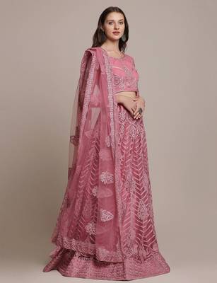 Pink & Silver-Toned Embroidered Thread Work Semi-Stitched Lehenga & Unstitched Blouse With 3
