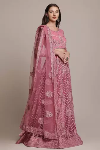 Pink & Silver-Toned Embroidered Thread Work Semi-Stitched Lehenga & Unstitched Blouse With