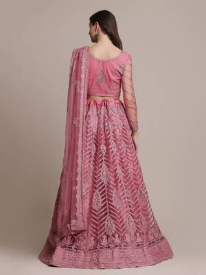 Pink & Silver-Toned Embroidered Thread Work Semi-Stitched Lehenga & Unstitched Blouse With 4