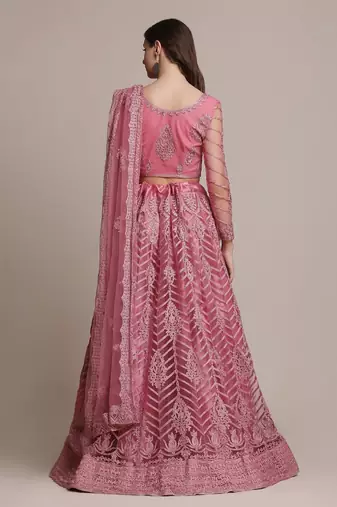Pink & Silver-Toned Embroidered Thread Work Semi-Stitched Lehenga & Unstitched Blouse With