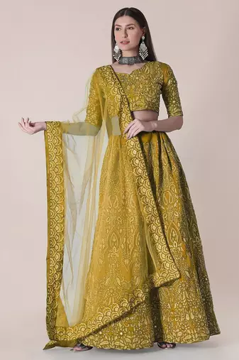 Yellow & Black Embroidered Thread Work Semi-Stitched Lehenga & Unstitched Blouse With Dupatta