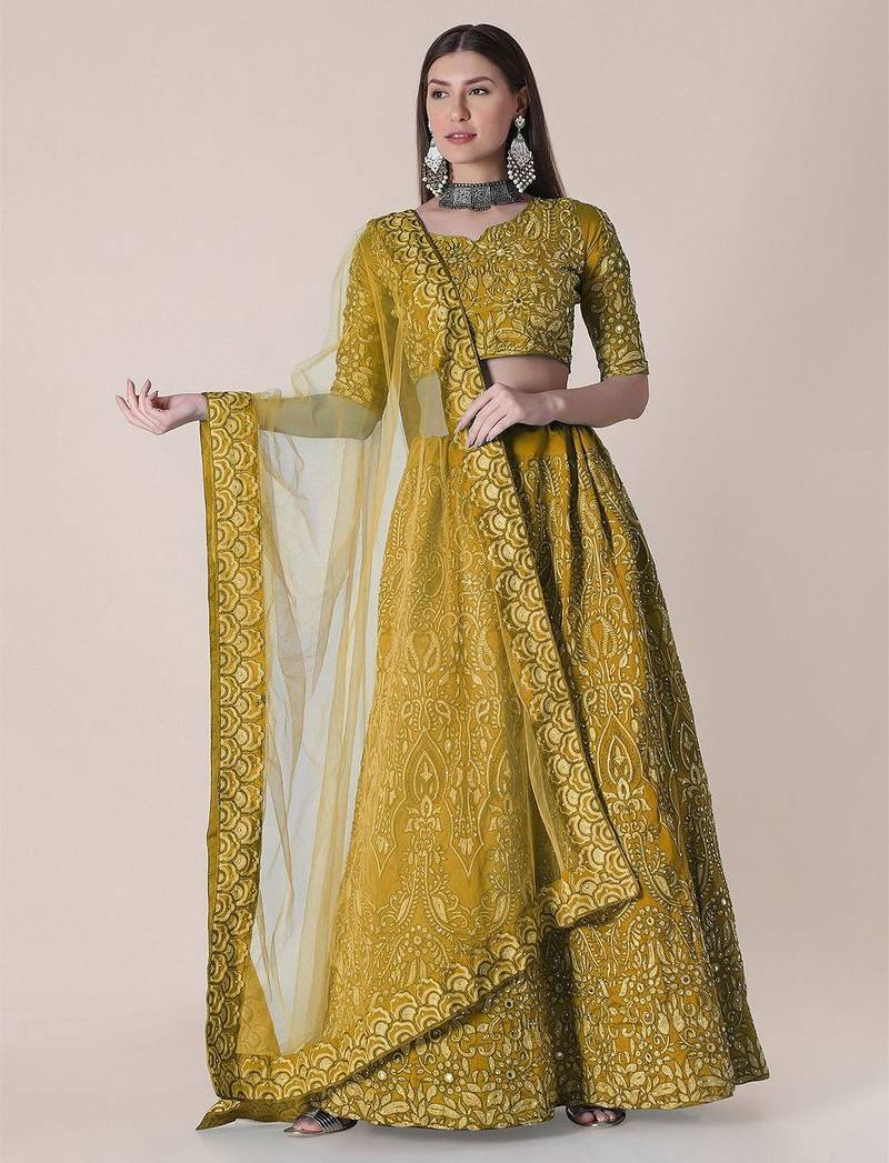 Yellow & Black Embroidered Thread Work Semi-Stitched Lehenga & Unstitched Blouse With Dupatta