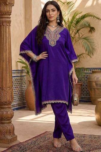 Embroidered  v-neck kurta & trousers