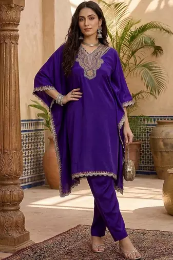 Embroidered  v-neck kurta & trousers