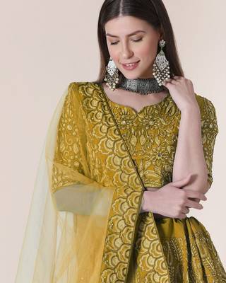 Yellow & Black Embroidered Thread Work Semi-Stitched Lehenga & Unstitched Blouse With Dupatta 2