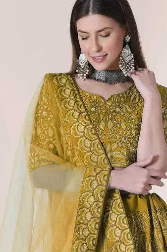 Yellow & Black Embroidered Thread Work Semi-Stitched Lehenga & Unstitched Blouse With Dupatta