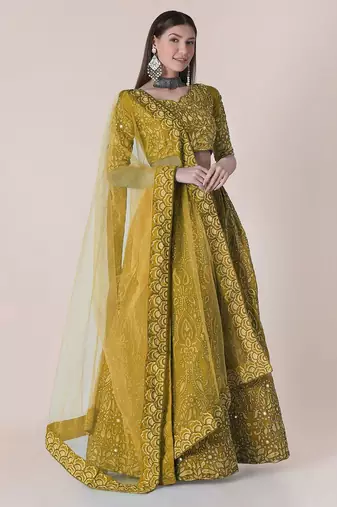 Yellow & Black Embroidered Thread Work Semi-Stitched Lehenga & Unstitched Blouse With Dupatta