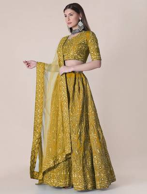 Yellow & Black Embroidered Thread Work Semi-Stitched Lehenga & Unstitched Blouse With Dupatta 4
