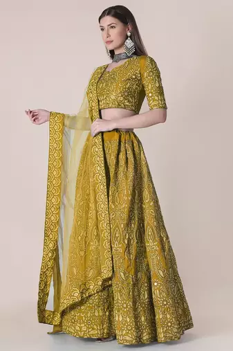 Yellow & Black Embroidered Thread Work Semi-Stitched Lehenga & Unstitched Blouse With Dupatta