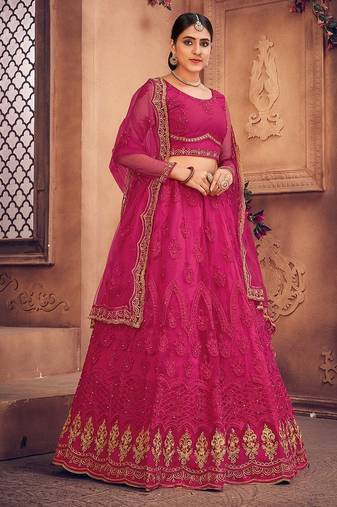 Pink & Gold-Toned Embroidered Thread Work Semi-Stitched Lehenga & Unstitched Blouse With Dupatta