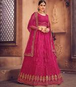 Pink & Gold-Toned Embroidered Thread Work Semi-Stitched Lehenga & Unstitched Blouse With Dupatta