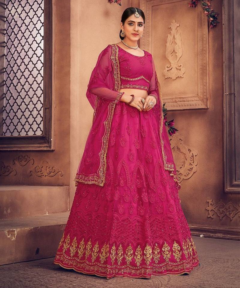 Pink & Gold-Toned Embroidered Thread Work Semi-Stitched Lehenga & Unstitched Blouse With Dupatta