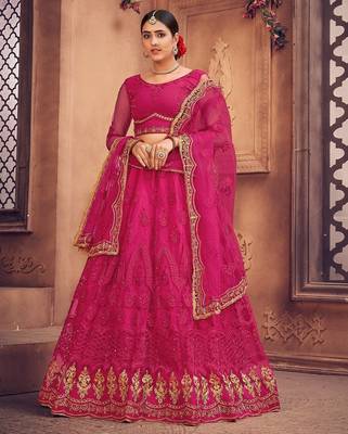 Pink & Gold-Toned Embroidered Thread Work Semi-Stitched Lehenga & Unstitched Blouse With Dupatta 2