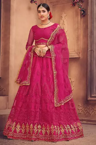 Pink & Gold-Toned Embroidered Thread Work Semi-Stitched Lehenga & Unstitched Blouse With Dupatta