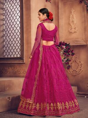 Pink & Gold-Toned Embroidered Thread Work Semi-Stitched Lehenga & Unstitched Blouse With Dupatta 3