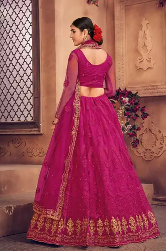 Pink & Gold-Toned Embroidered Thread Work Semi-Stitched Lehenga & Unstitched Blouse With Dupatta
