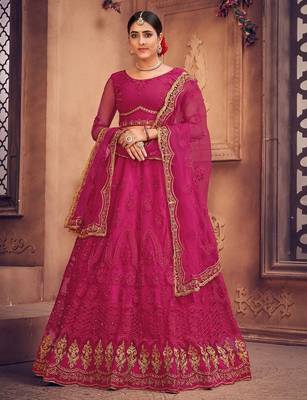 Pink & Gold-Toned Embroidered Thread Work Semi-Stitched Lehenga & Unstitched Blouse With Dupatta 4