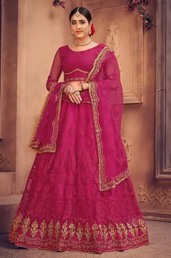 Pink & Gold-Toned Embroidered Thread Work Semi-Stitched Lehenga & Unstitched Blouse With Dupatta