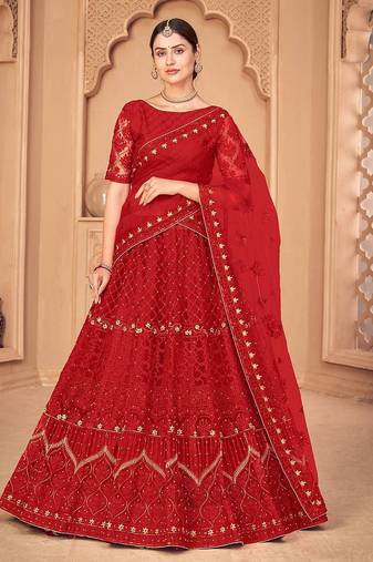 Red & Gold-Toned Embroidered Thread Work Semi-Stitched Lehenga & Unstitched Blouse With Dupatta