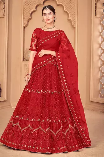 Red & Gold-Toned Embroidered Thread Work Semi-Stitched Lehenga & Unstitched Blouse With Dupatta