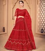 Red & Gold-Toned Embroidered Thread Work Semi-Stitched Lehenga & Unstitched Blouse With Dupatta