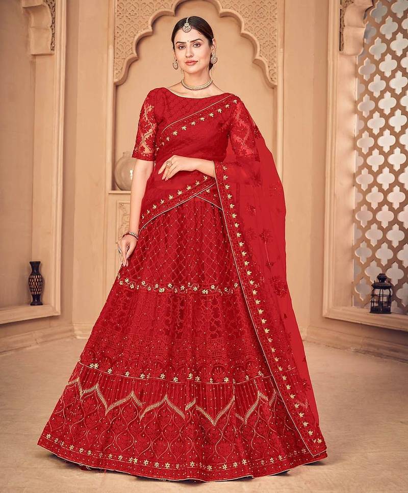 Red & Gold-Toned Embroidered Thread Work Semi-Stitched Lehenga & Unstitched Blouse With Dupatta