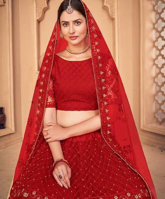 Red & Gold-Toned Embroidered Thread Work Semi-Stitched Lehenga & Unstitched Blouse With Dupatta 2