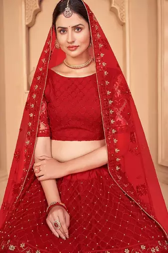 Red & Gold-Toned Embroidered Thread Work Semi-Stitched Lehenga & Unstitched Blouse With Dupatta