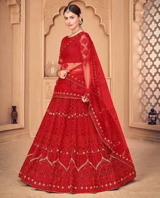 Red & Gold-Toned Embroidered Thread Work Semi-Stitched Lehenga & Unstitched Blouse With Dupatta 3