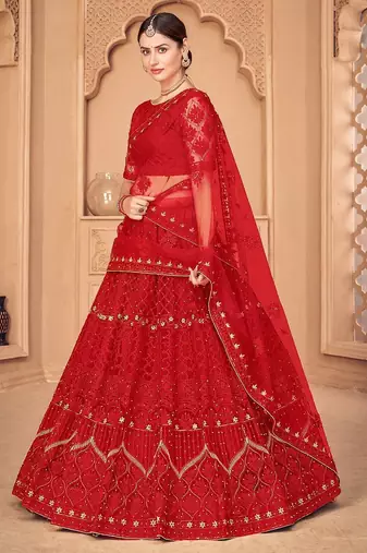 Red & Gold-Toned Embroidered Thread Work Semi-Stitched Lehenga & Unstitched Blouse With Dupatta