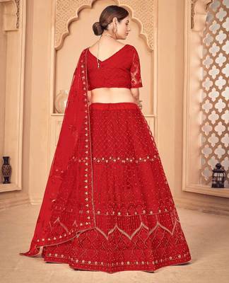 Red & Gold-Toned Embroidered Thread Work Semi-Stitched Lehenga & Unstitched Blouse With Dupatta 4