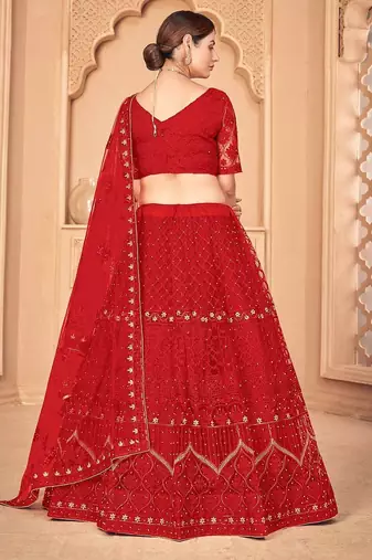 Red & Gold-Toned Embroidered Thread Work Semi-Stitched Lehenga & Unstitched Blouse With Dupatta