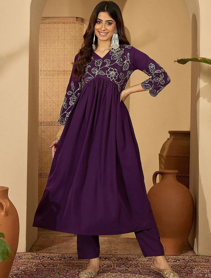 Floral embroidered empire sequinned a-line kurta with trouser