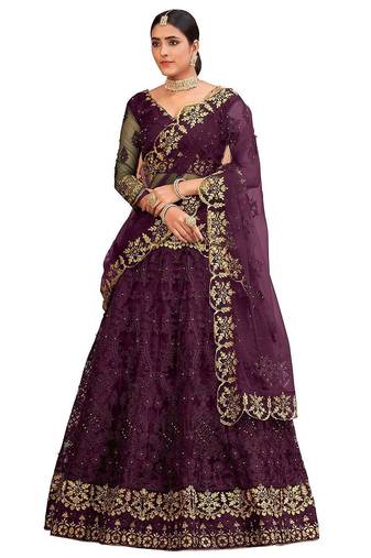 Purple & Gold-Toned Embroidered Thread Work Semi-Stitched Lehenga & Unstitched Blouse With
