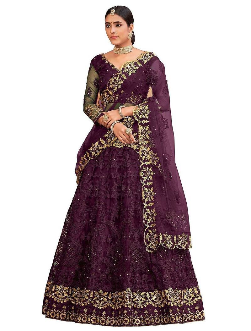 Purple & Gold-Toned Embroidered Thread Work Semi-Stitched Lehenga & Unstitched Blouse With