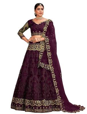 Purple & Gold-Toned Embroidered Thread Work Semi-Stitched Lehenga & Unstitched Blouse With 2