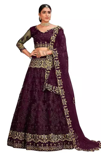 Purple & Gold-Toned Embroidered Thread Work Semi-Stitched Lehenga & Unstitched Blouse With