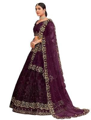 Purple & Gold-Toned Embroidered Thread Work Semi-Stitched Lehenga & Unstitched Blouse With 3