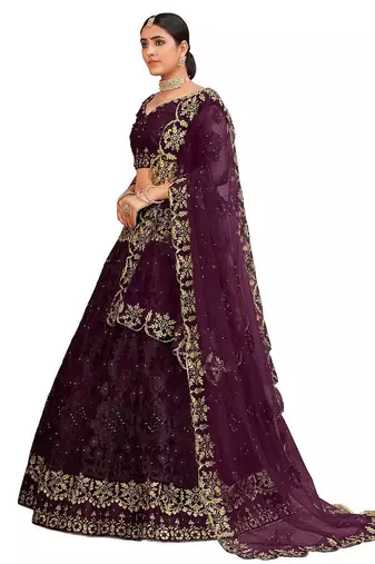 Purple & Gold-Toned Embroidered Thread Work Semi-Stitched Lehenga & Unstitched Blouse With