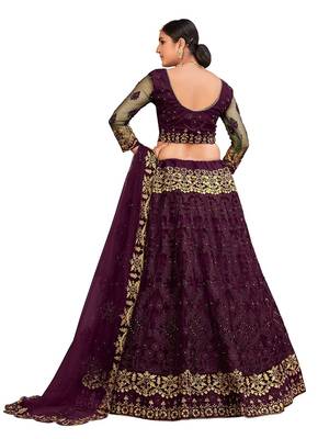 Purple & Gold-Toned Embroidered Thread Work Semi-Stitched Lehenga & Unstitched Blouse With 4