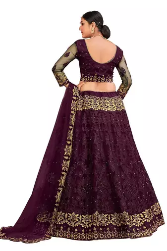 Purple & Gold-Toned Embroidered Thread Work Semi-Stitched Lehenga & Unstitched Blouse With