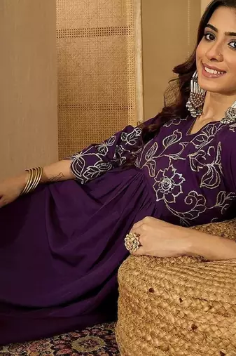 Floral embroidered empire sequinned a-line kurta with trouser