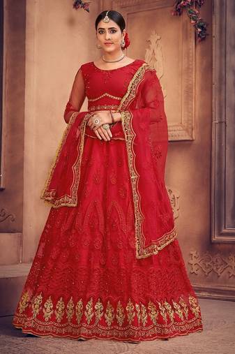 Red & Gold-Toned Embroidered Thread Work Semi-Stitched Lehenga & Unstitched Blouse With Dupatta