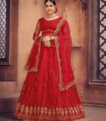 Red & Gold-Toned Embroidered Thread Work Semi-Stitched Lehenga & Unstitched Blouse With Dupatta