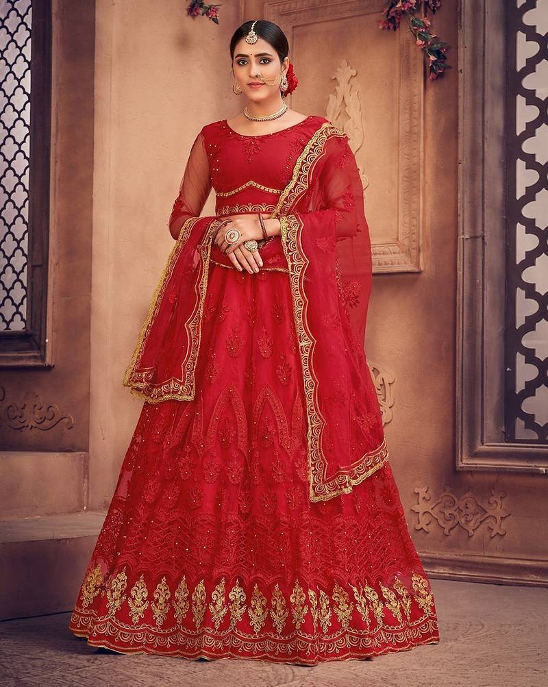 Red & Gold-Toned Embroidered Thread Work Semi-Stitched Lehenga & Unstitched Blouse With Dupatta