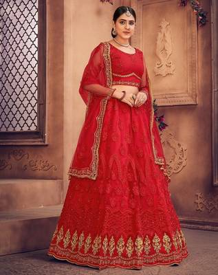 Red & Gold-Toned Embroidered Thread Work Semi-Stitched Lehenga & Unstitched Blouse With Dupatta 2